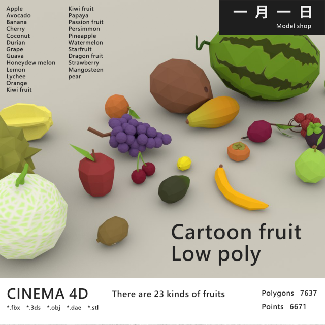 Cartoon fruit Low poly Model 3D .c4d .max .obj .3ds .fbx .stl .blend 