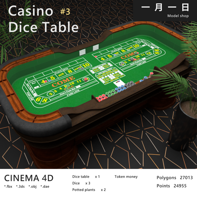 Casino Dice Table 3D Model .c4d .max .obj .3ds .fbx .stl .blend 