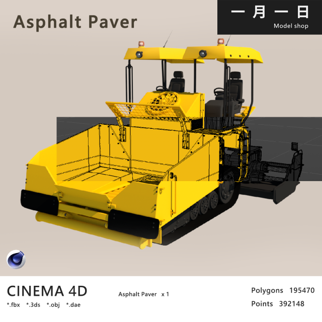 Asphalt Paver 3D Model .c4d .max .obj .3ds .fbx .stl .blend 