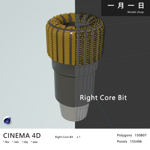 Right Core Bit 3D Model .c4d .max .obj .3ds .fbx .stl .blend 