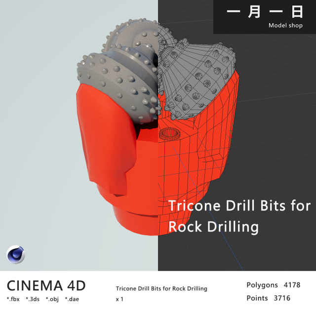 Tricone Drill Bits for Rock Drilling Modello 3D .c4d .max .obj .3ds .fbx .stl .blend 