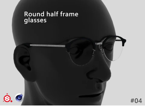 ラウンドハーフフレームメガネ 3Dモデル