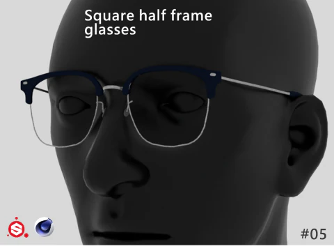 スクエアハーフフレームメガネ 3Dモデル