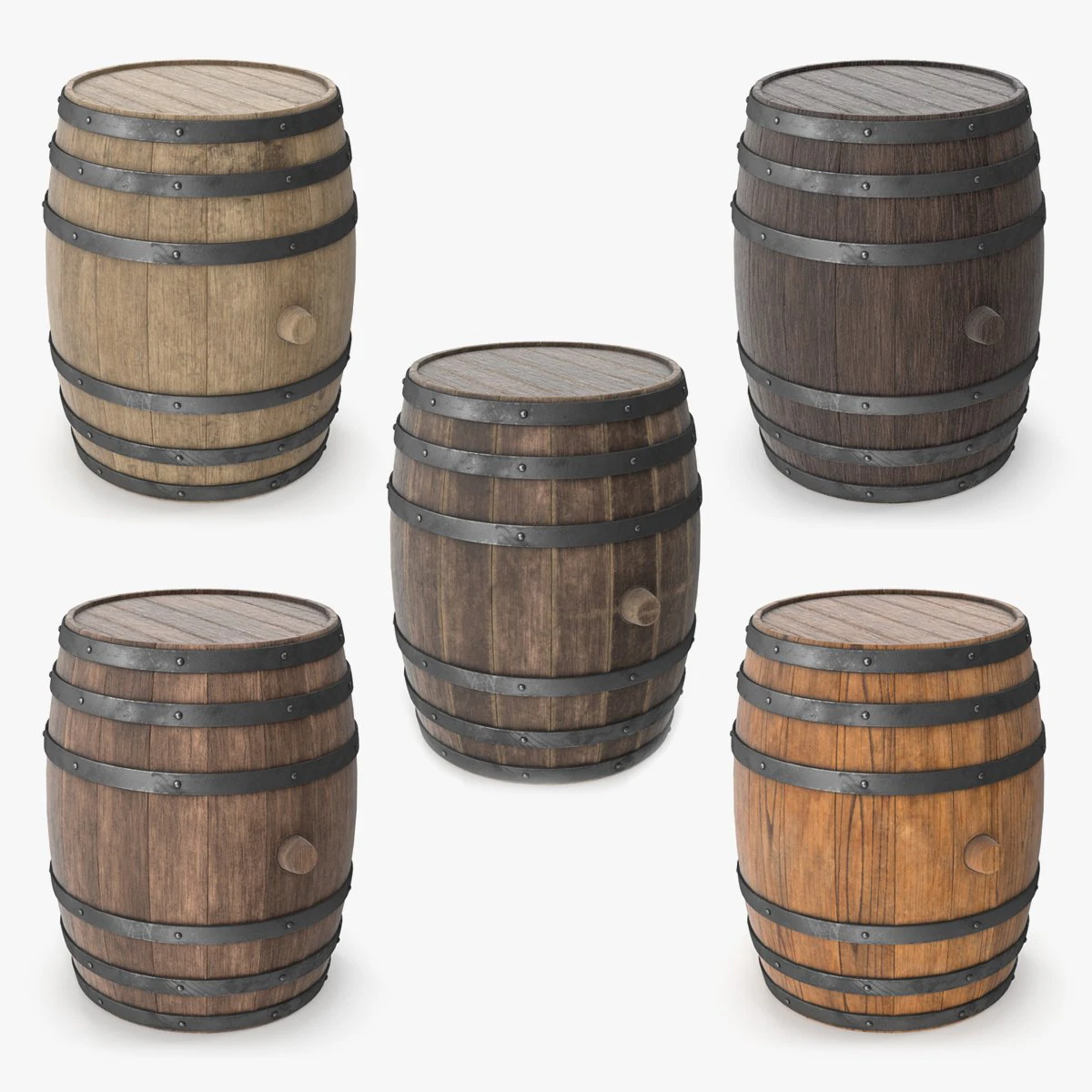 Wooden barrels set 3D Model .c4d .max .obj .3ds .fbx .stl .blend 