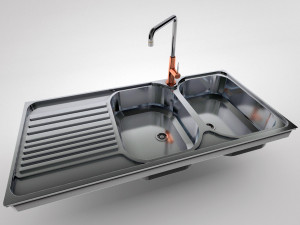 Inset Stainless Steel Sink 2 bowls and 1 drainer and faucet Modello 3D