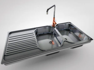 Einbausp&uuml;le aus Edelstahl mit 2 Becken, 1 Abtropffl&auml;che und Wasserhahn 3D Modell