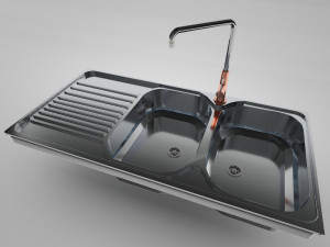 Inset Stainless Steel Sink 2 bowls and 1 drainer and faucet Modello 3D