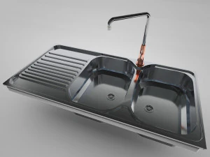 Inset Stainless Steel Sink 2 bowls and 1 drainer and faucet 3D Model