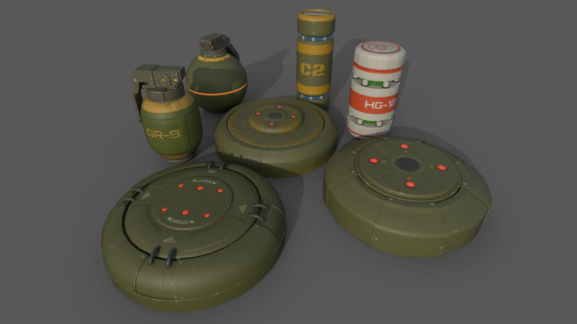 Sci-Fi Grenades-Mines 3D Model .c4d .max .obj .3ds .fbx .stl .blend 