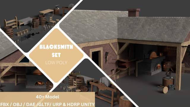 Medieval Blacksmith Set Low-poly 3D Model .c4d .max .obj .3ds .fbx .stl .blend 