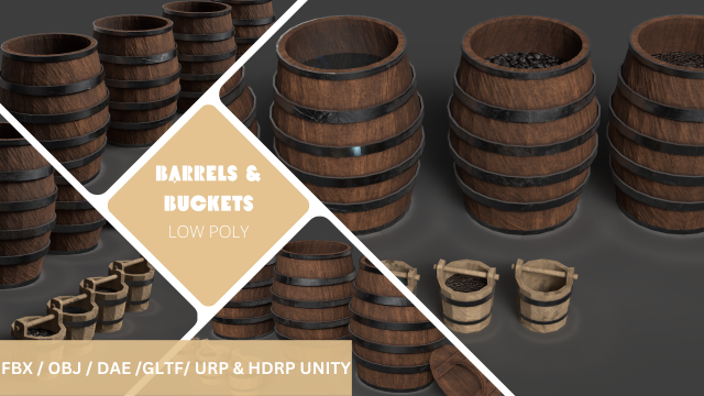 Barrels And Buckets 3D Model .c4d .max .obj .3ds .fbx .stl .blend 