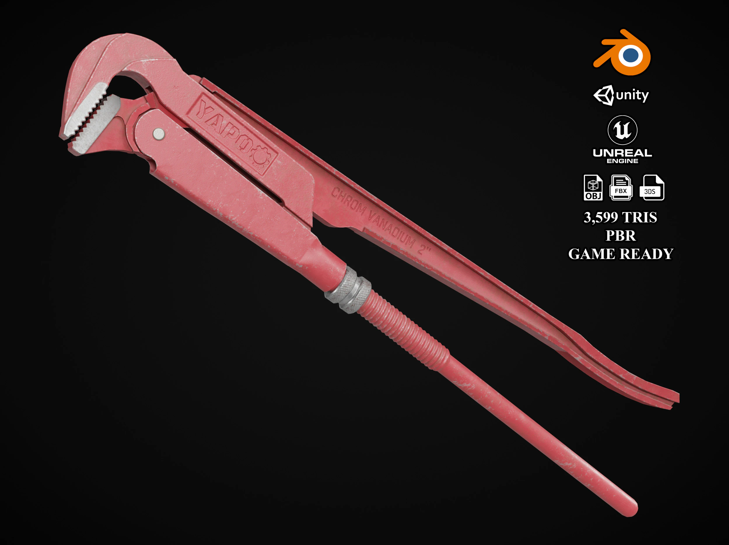 Adjustable Pipe Wrench 3D Model .c4d .max .obj .3ds .fbx .stl .blend