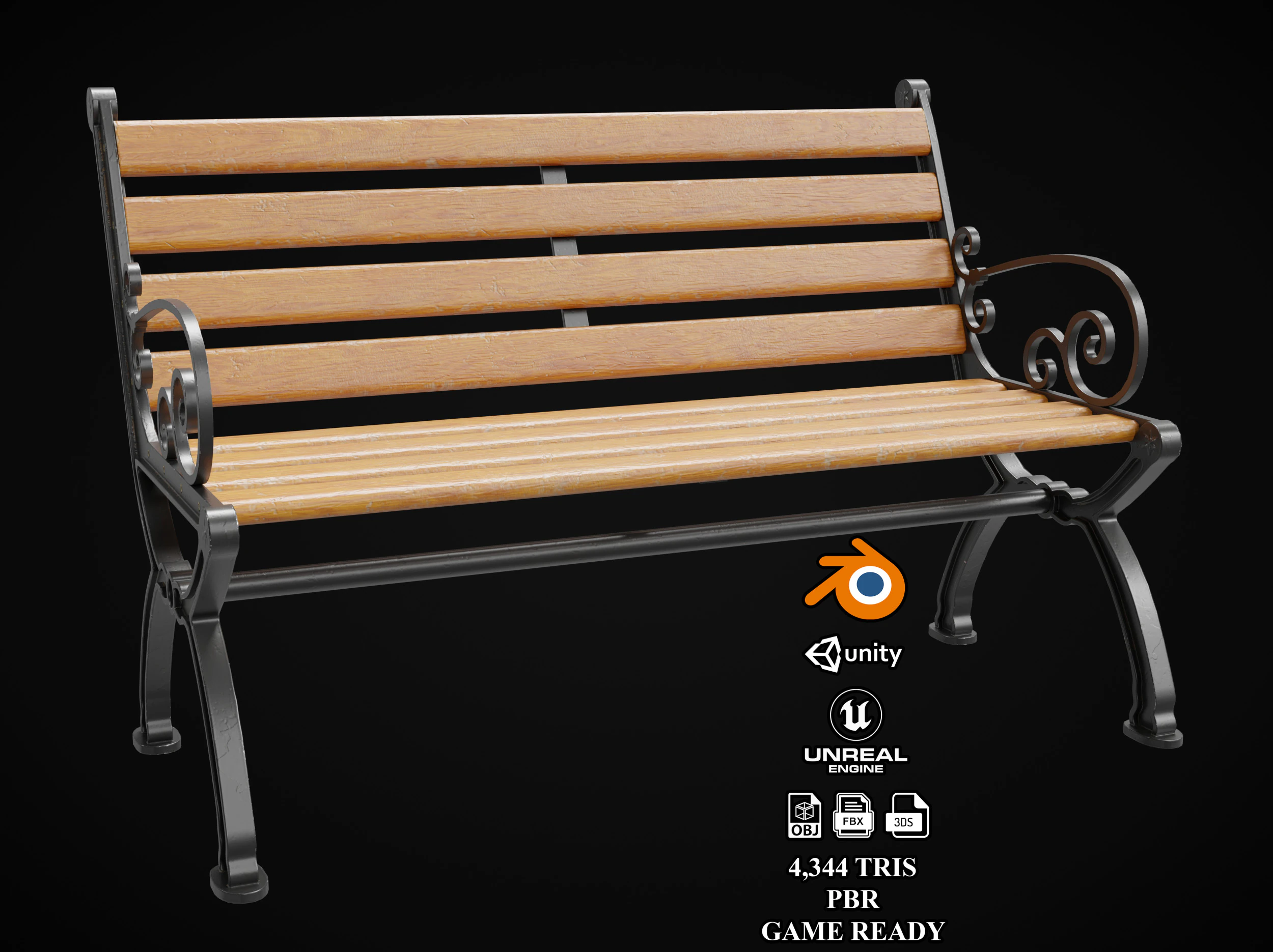 Vintage Street Bench 3D Model .c4d .max .obj .3ds .fbx .stl .blend