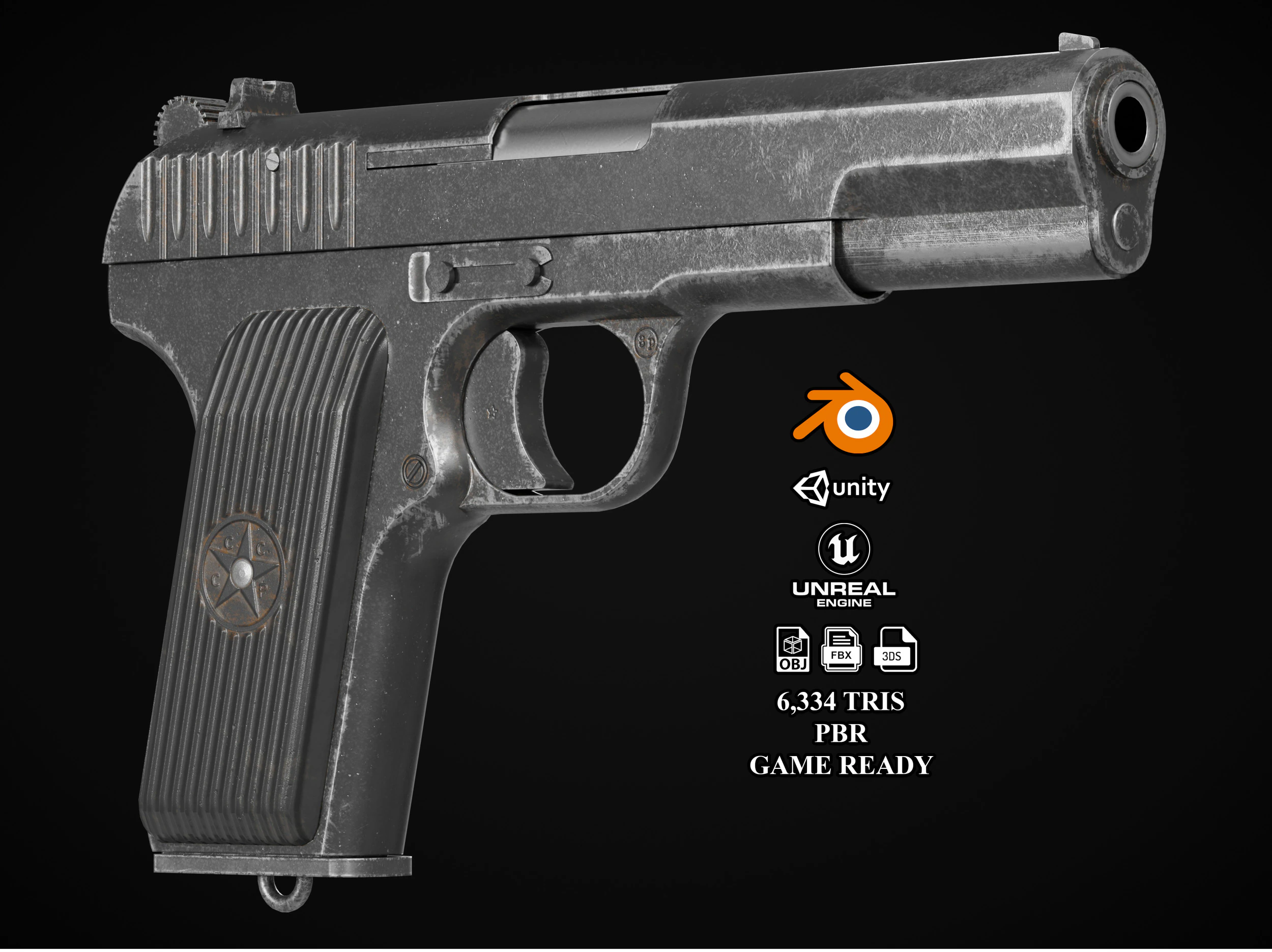 TT-33 Tokarev pistol 3D Model .c4d .max .obj .3ds .fbx .stl .blend 