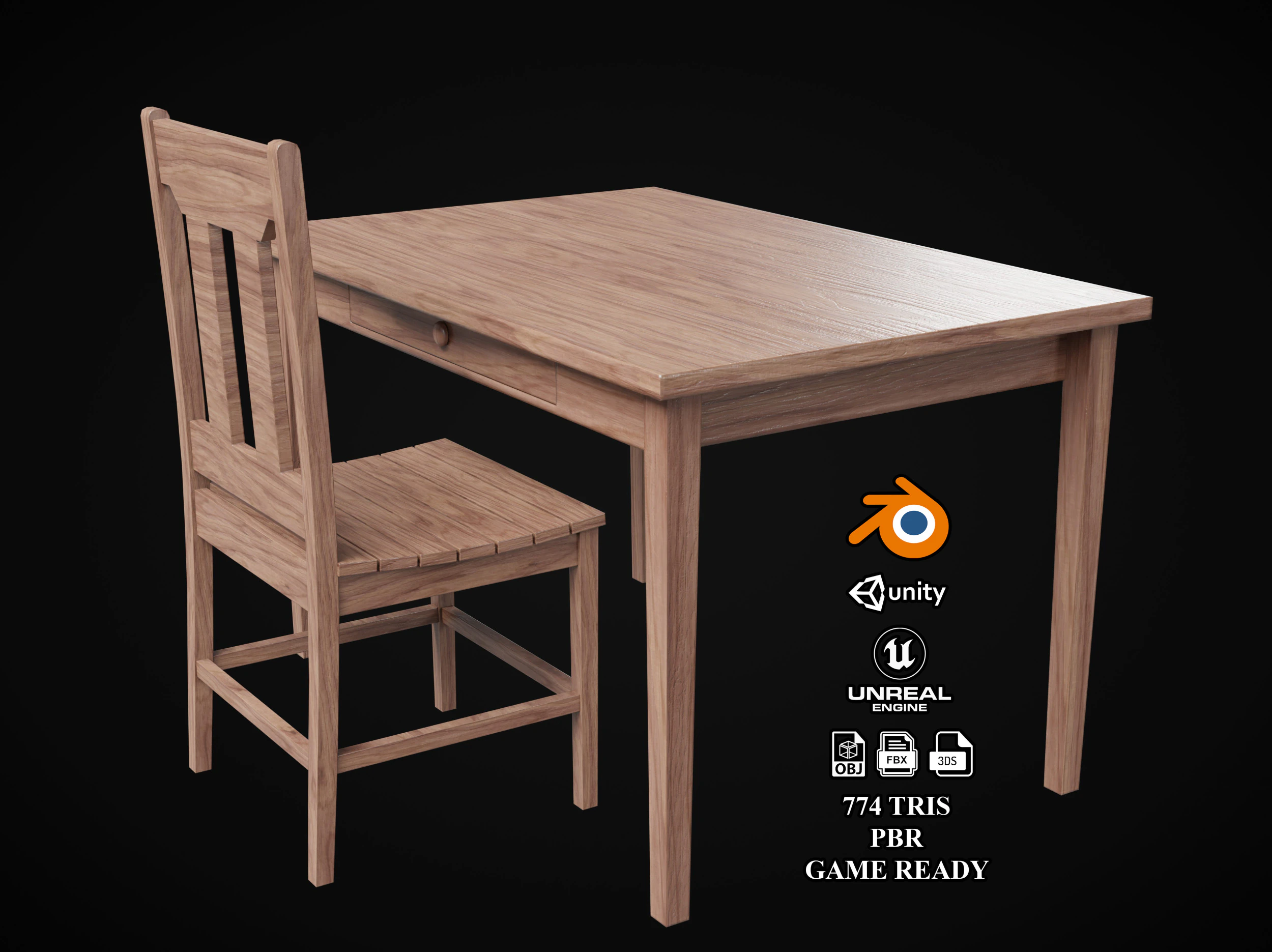 Table and Chair 3D Model .c4d .max .obj .3ds .fbx .stl .blend 