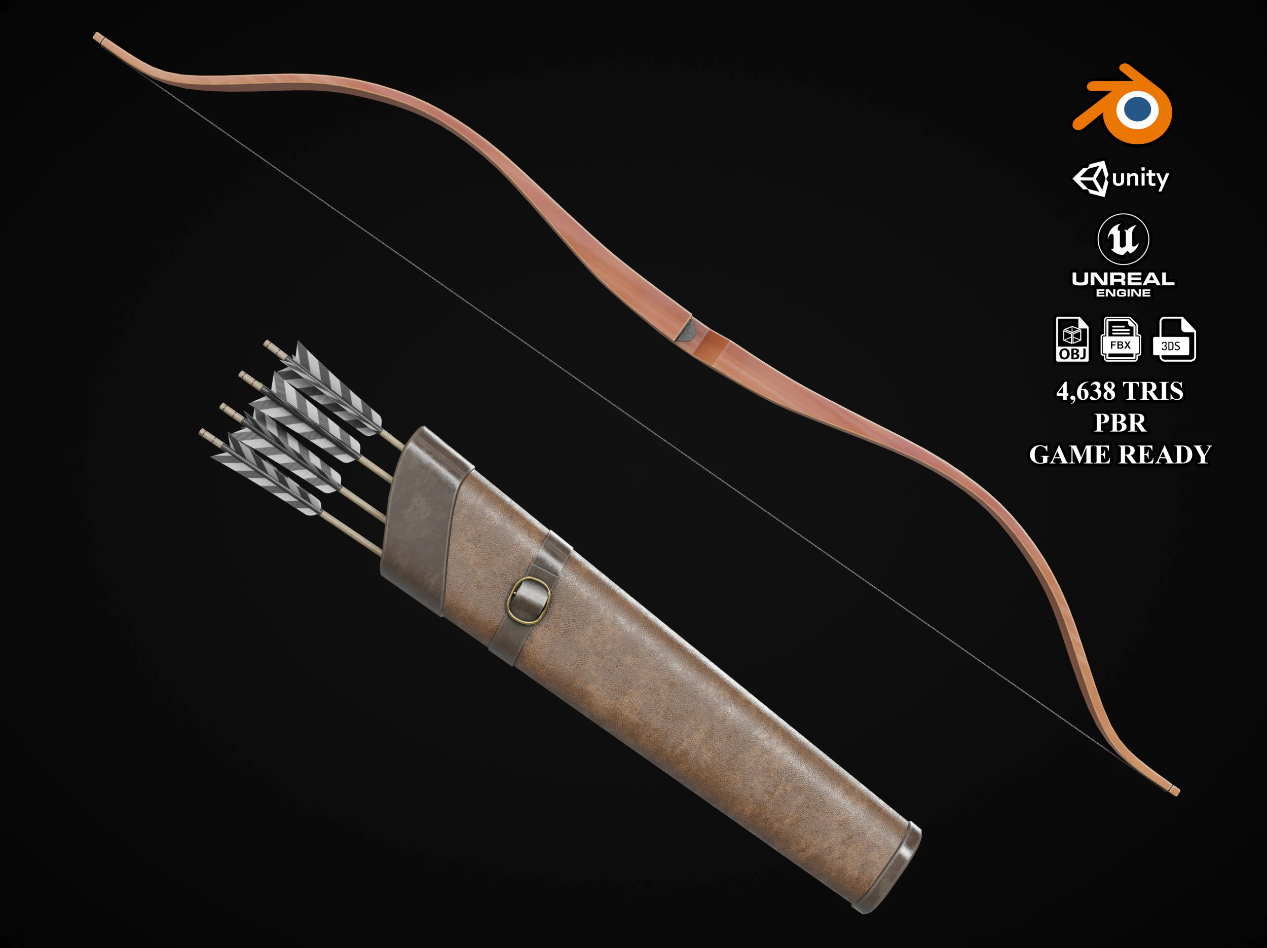 Bow and Arrow with Arrow Case 3D Model .c4d .max .obj .3ds .fbx .stl .blend 
