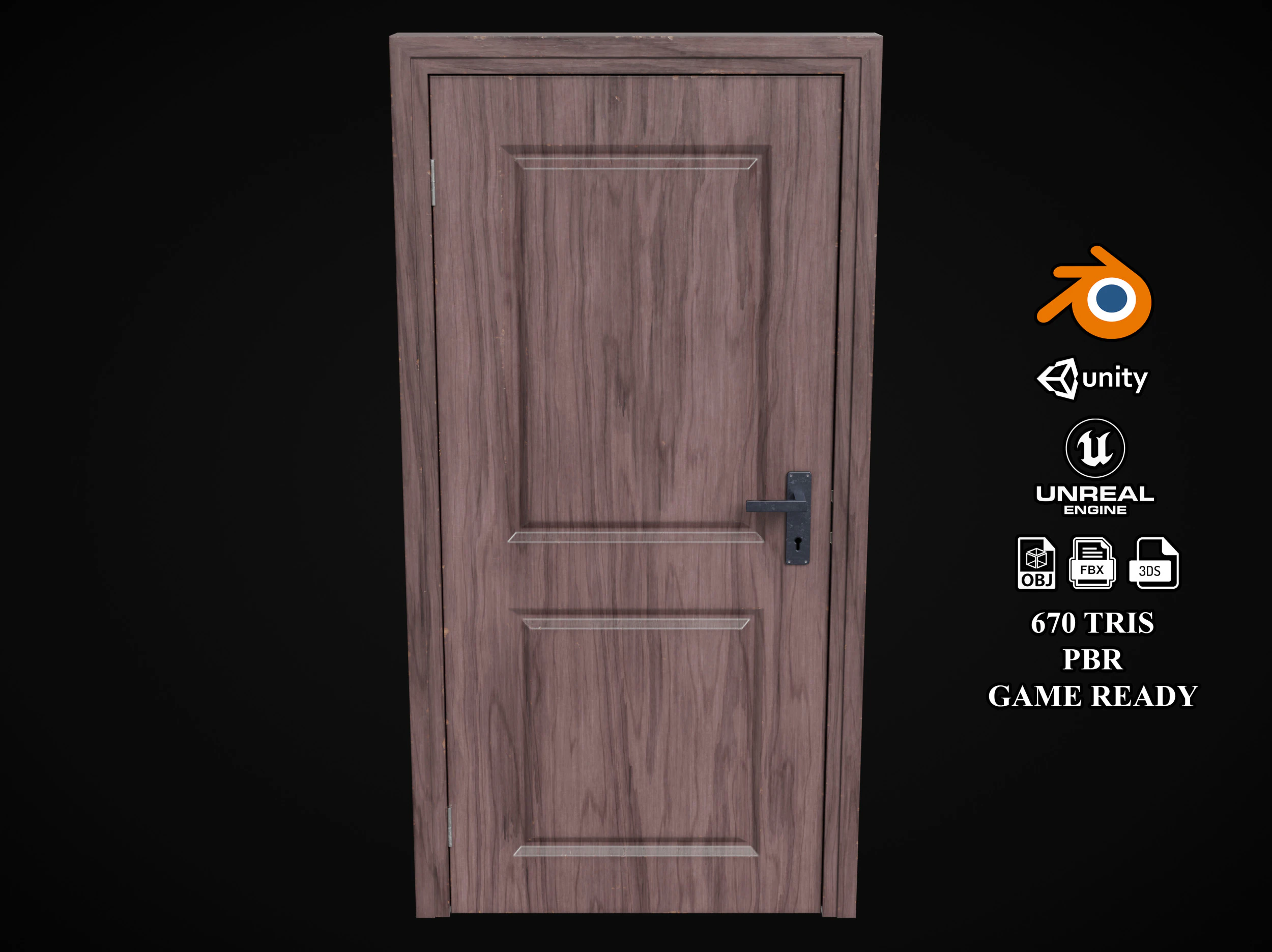 Low Poly Door wooden 3D Model .c4d .max .obj .3ds .fbx .stl .blend 
