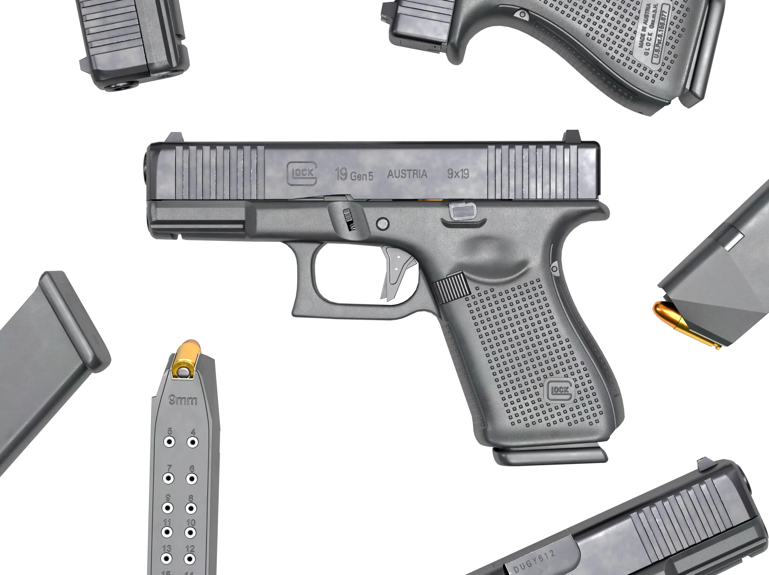 Glock-19 Pistol 3D Model .c4d .max .obj .3ds .fbx .stl .blend 
