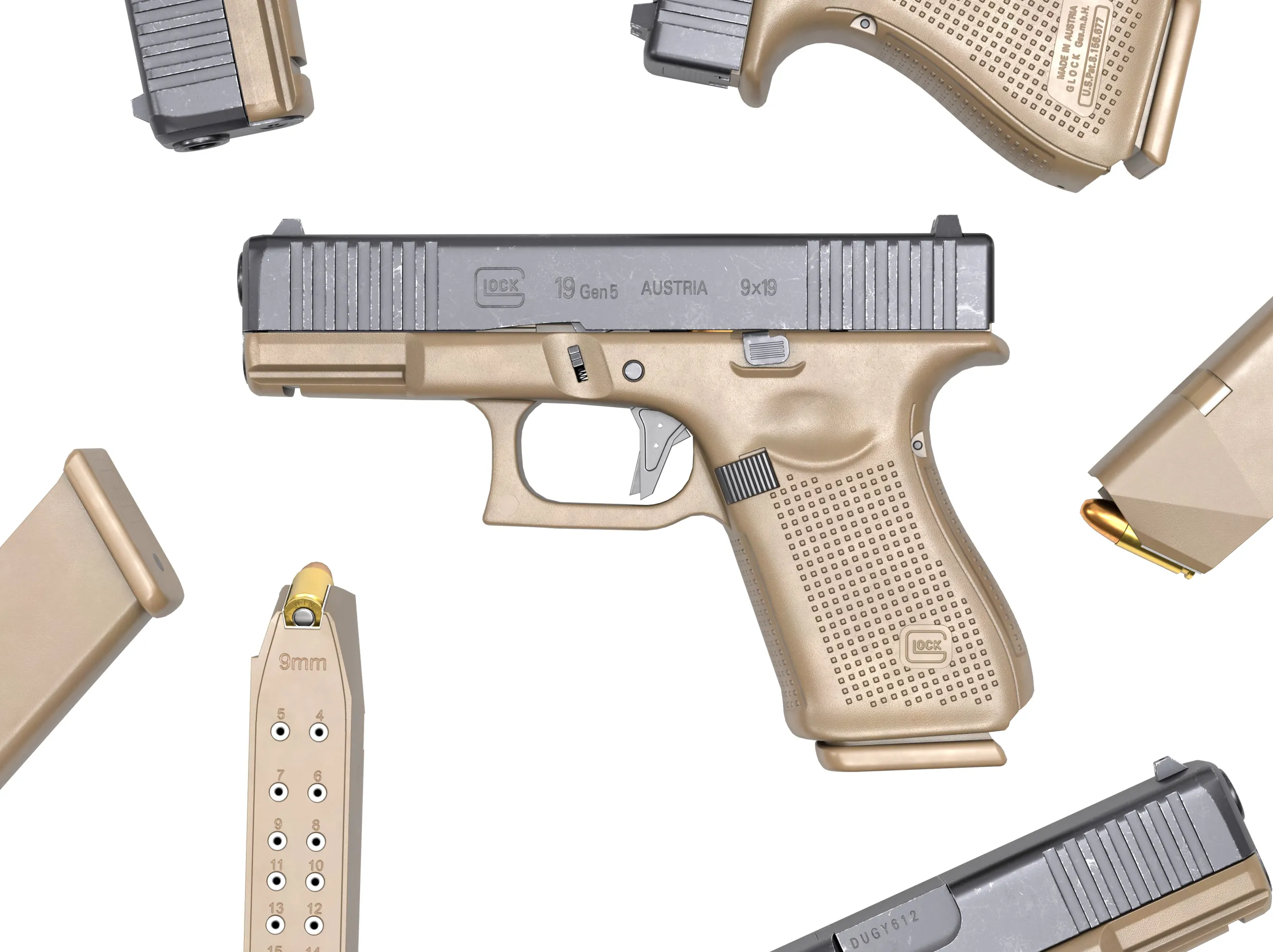Glock-19 FDE Pistol 3D Model .c4d .max .obj .3ds .fbx .stl .blend 