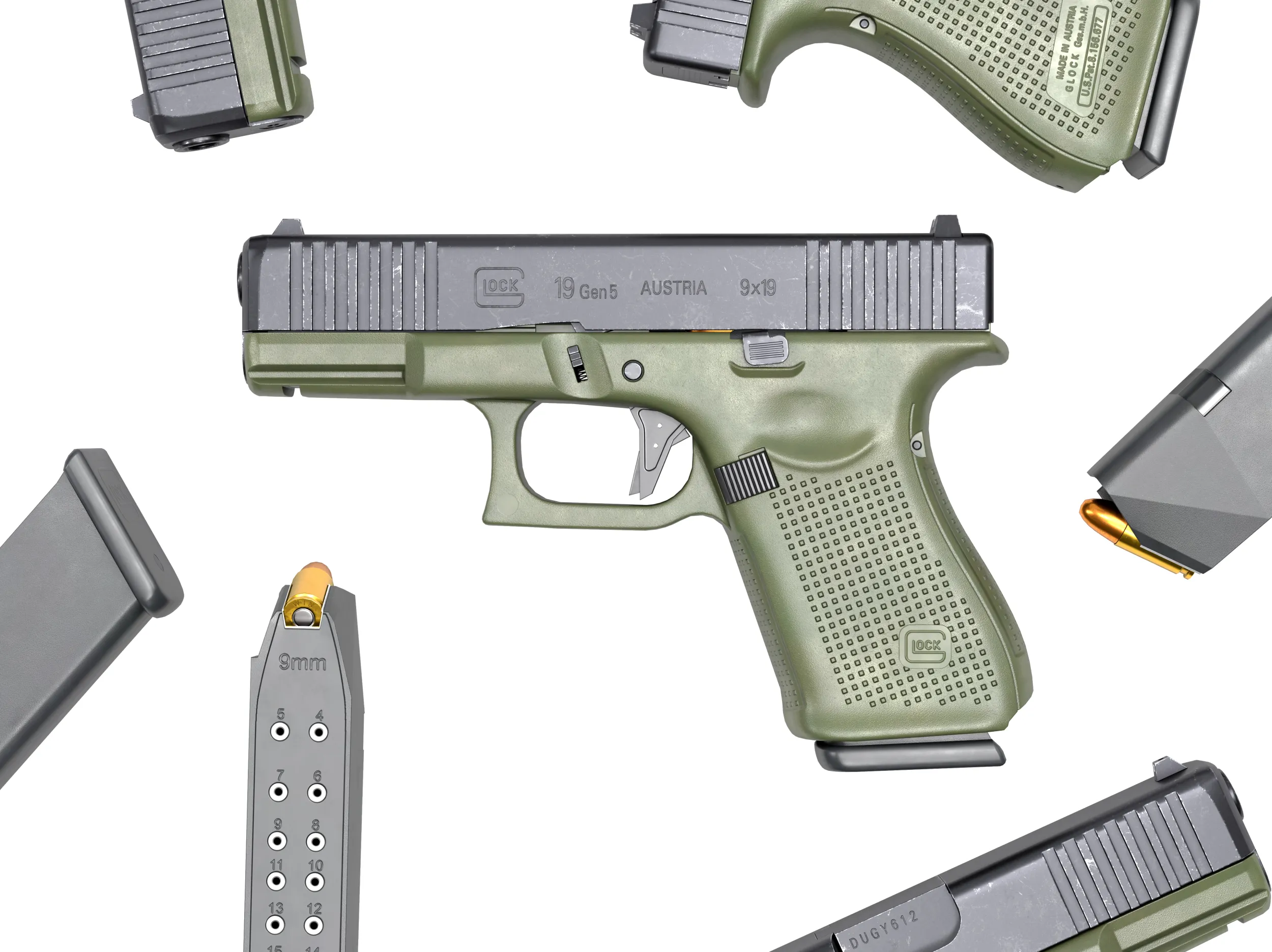 Glock-19 OD Green 3D Model .c4d .max .obj .3ds .fbx .stl .blend 