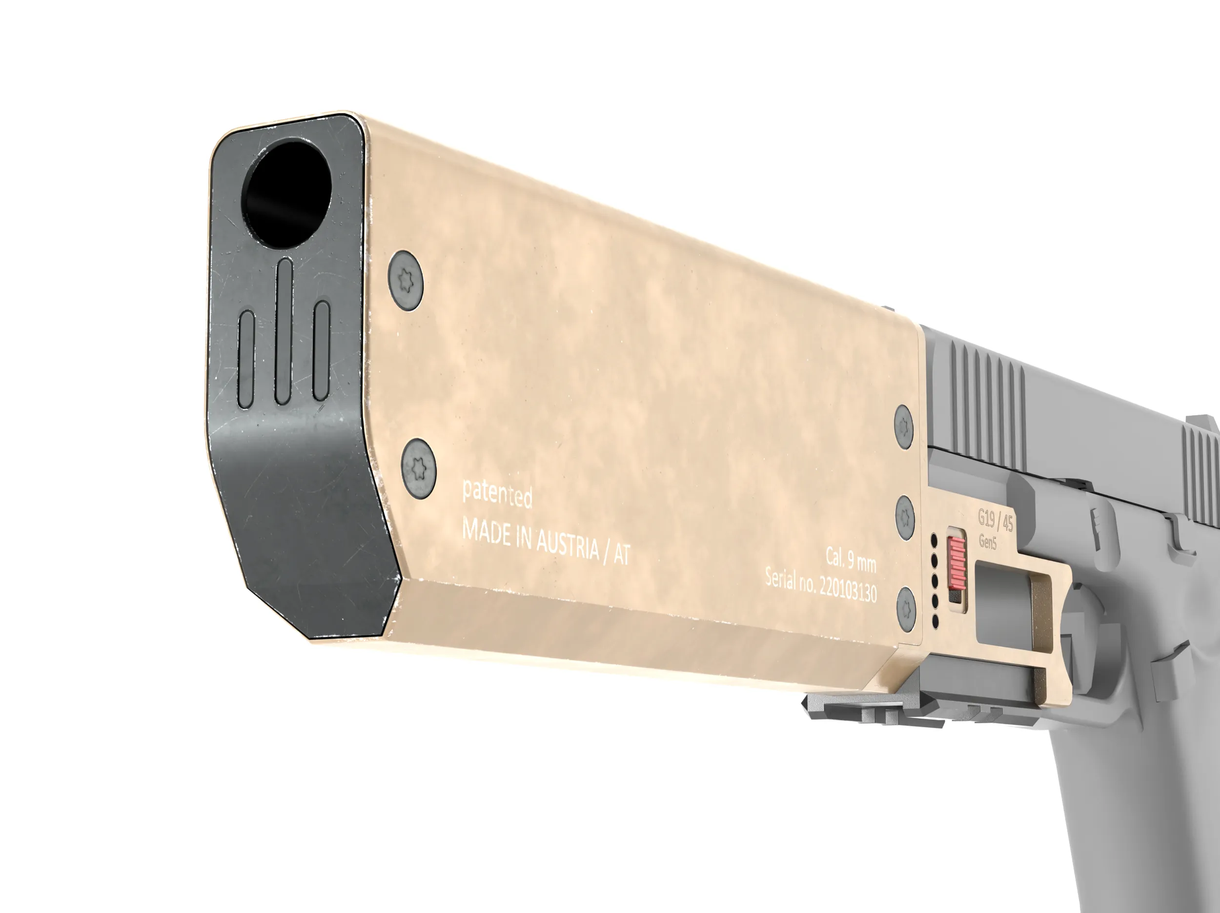 Fischer Development Suppressor for Glock 19 Gen5 FDE 3D Model .c4d .max .obj .3ds .fbx .stl .blend 