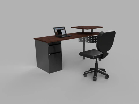 Modern 3D Desk with Laptop Ergonomic Chair Wooden Metal Office Workstation 3D Model