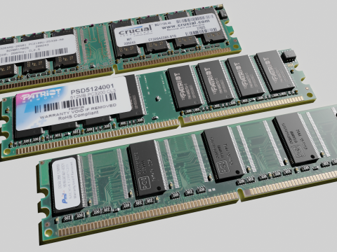 Hi-poly PC memory modules RAM DDR1 SDRAM Crucial Patriot 3D Model