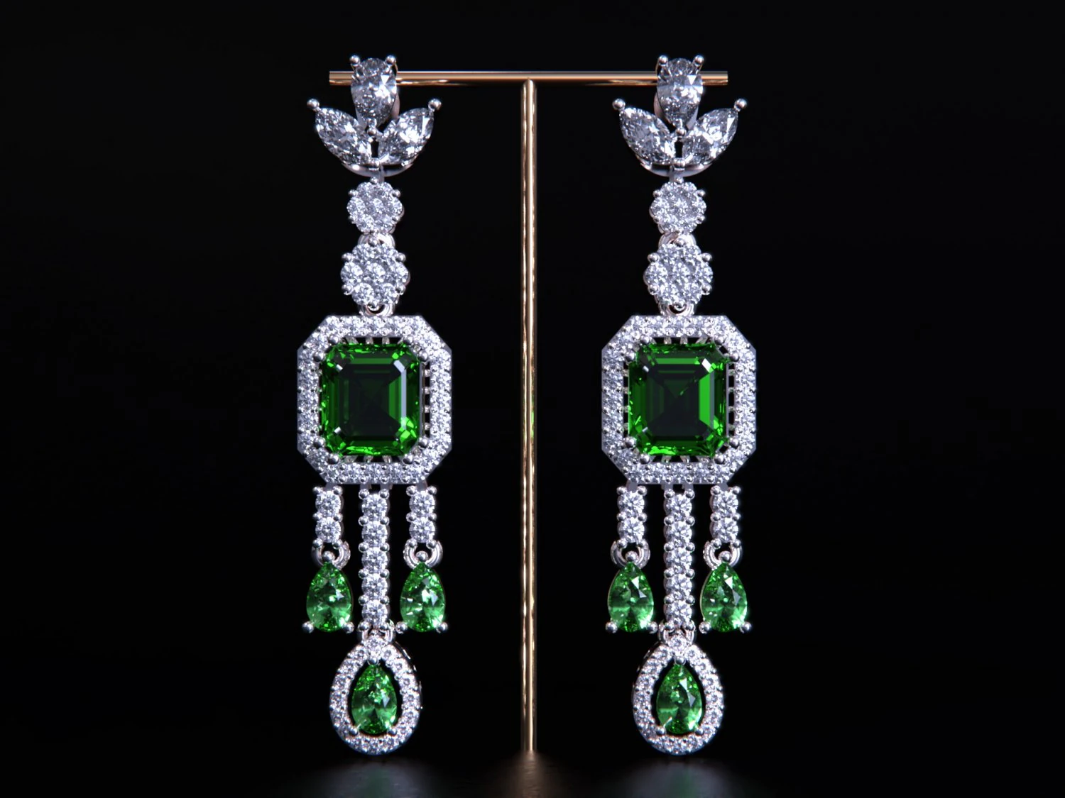 Emerald and Diamond Earrings 3D Print Model .c4d .max .obj .3ds .fbx .stl .blend 