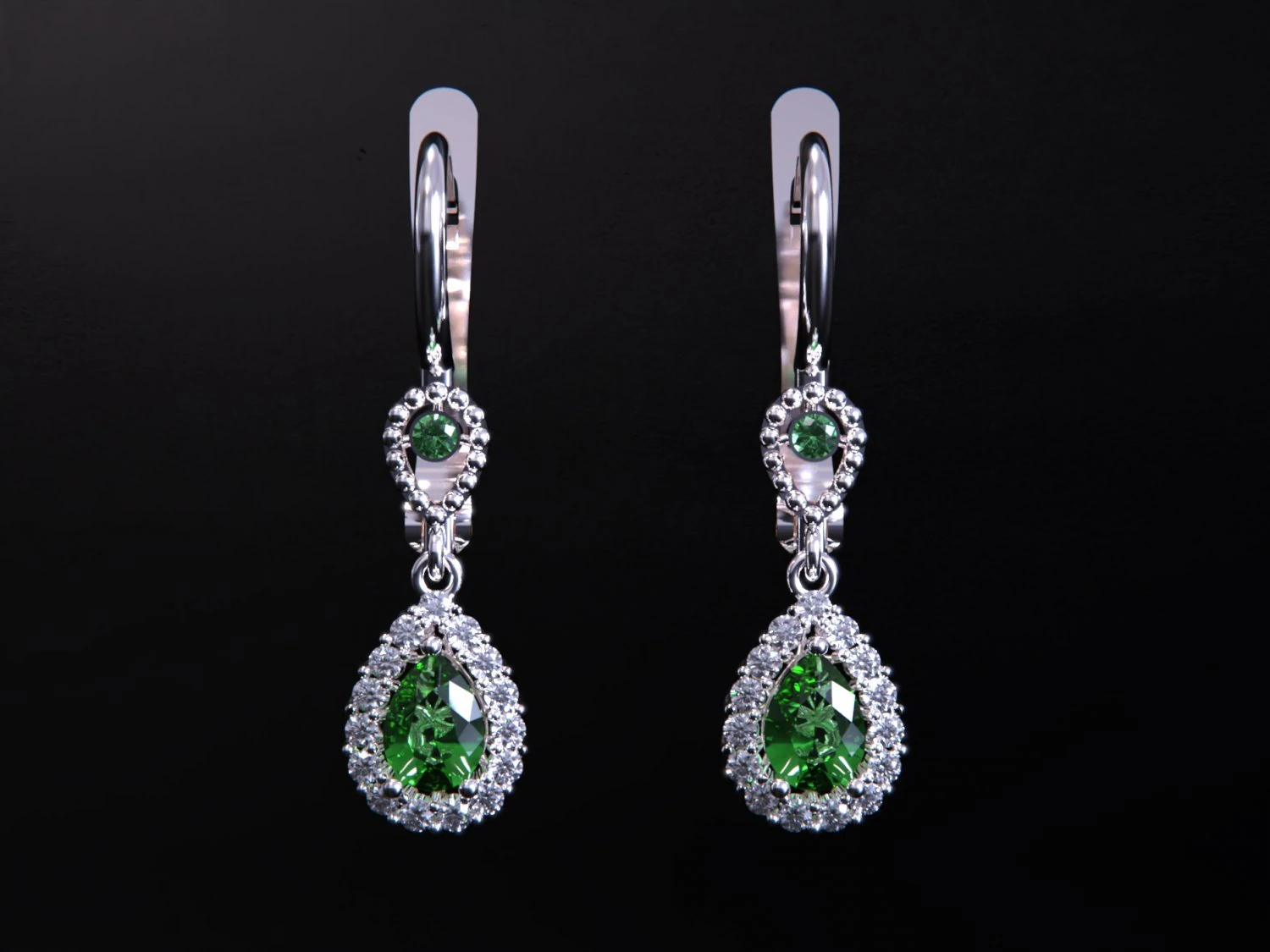 Pear Emerald Leverback Drop Earrings with Diamond 3D Print Model .c4d .max .obj .3ds .fbx .stl .blend 