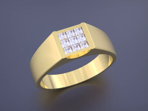 Diamond Signet Men Ring - Invisible Stone Setting 3D Print Model