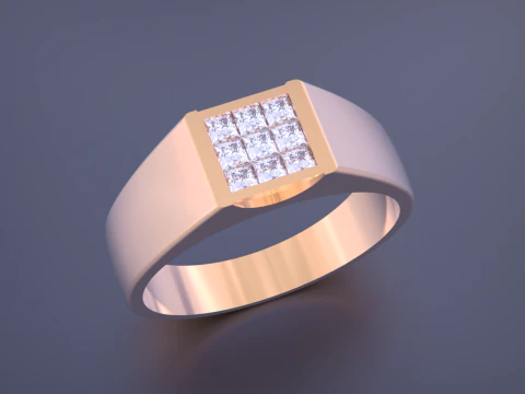 Diamond Signet Men Ring - Invisible Stone Setting 3D Print Model