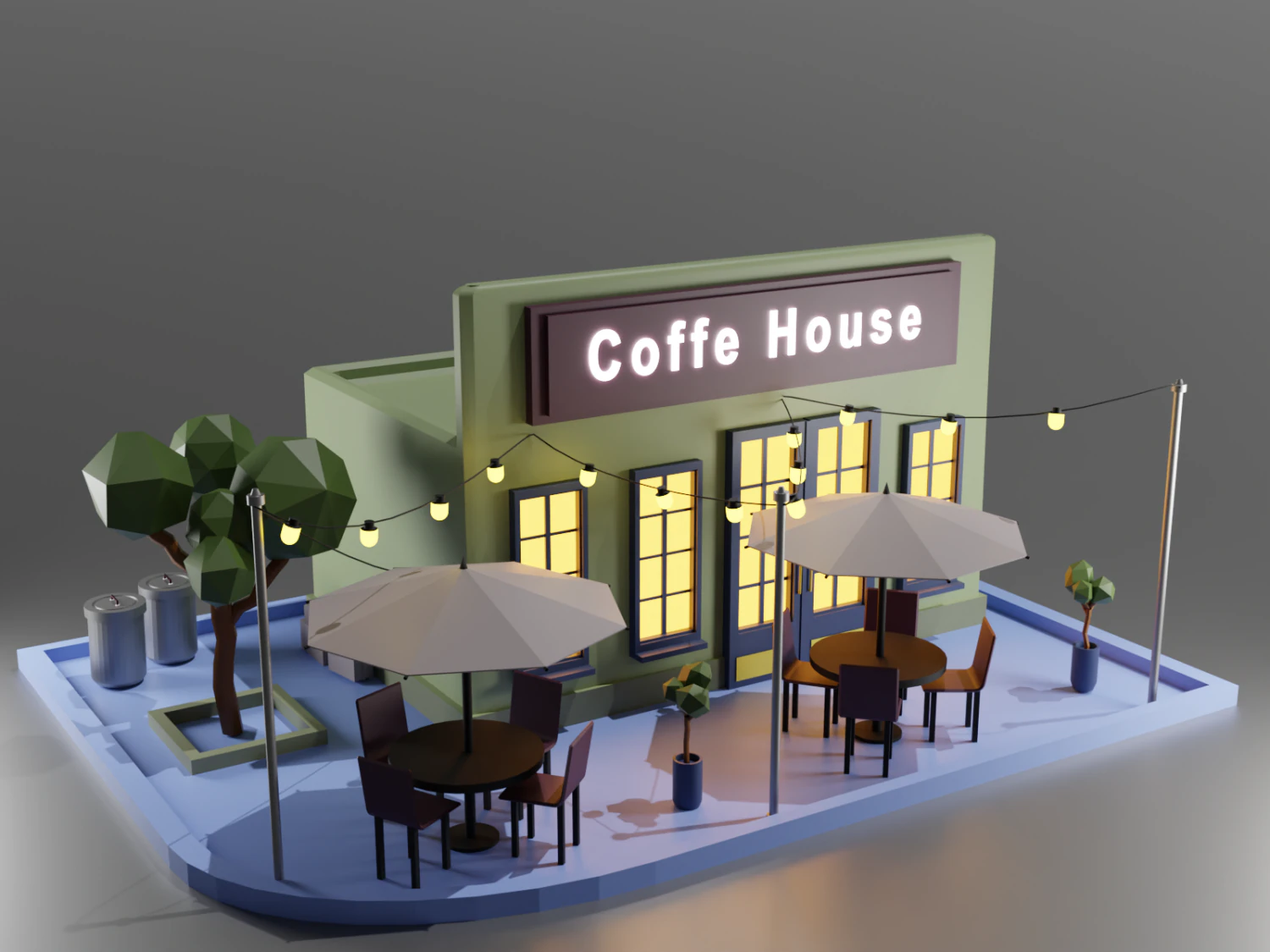 Low poly Coffe Shop 3D Model .c4d .max .obj .3ds .fbx .stl .blend