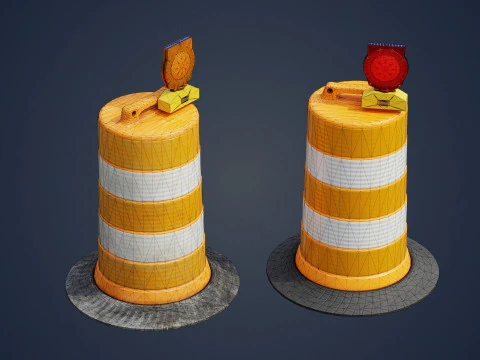 Traffic Barrel ze światłem barykadowym Zestaw rekwizyt&oacute;w PBR Gotowy do gry Low-poly Model 3D