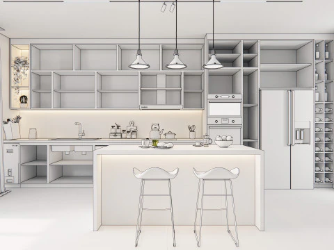 Cucina completamente parametrica, completamente ridimensionabile, scena completa 005 Modello 3D