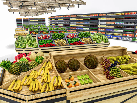 Fruits and vegetables Supermarket Grocery store Racks13 3D Model