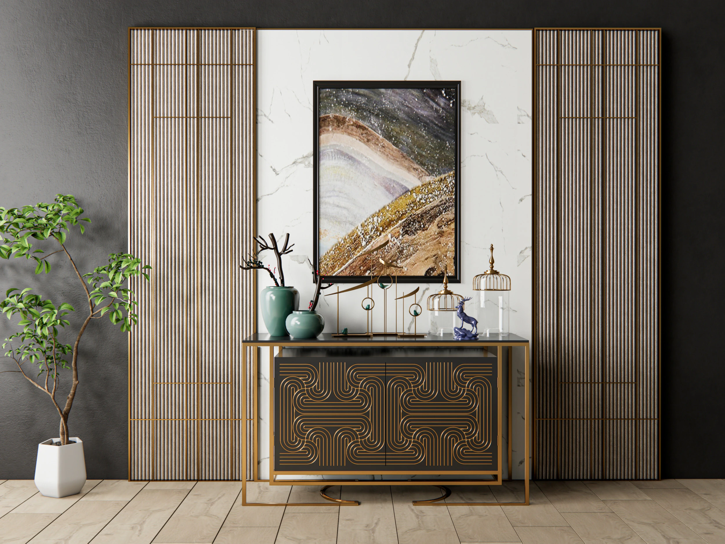 Sideboard with wall panel and flooring 6 3D Model .c4d .max .obj .3ds .fbx .stl .blend 