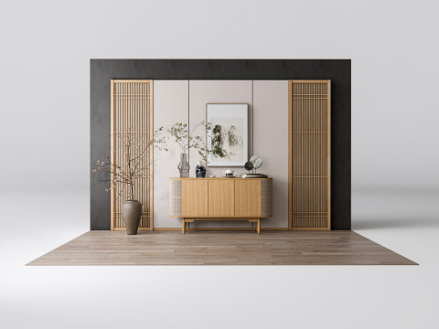 Sideboard with wall panel and flooring 17 3D-Modell