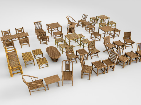 Bamboo table and chair 1 3D Model