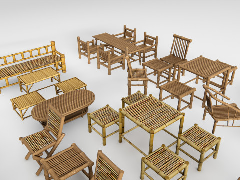 Bamboo table and chair 1 3D Model