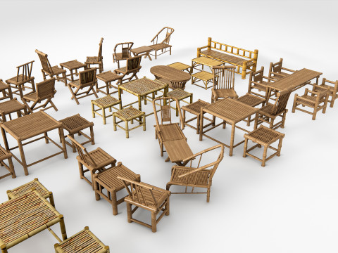 Bamboo table and chair 1 3D Model