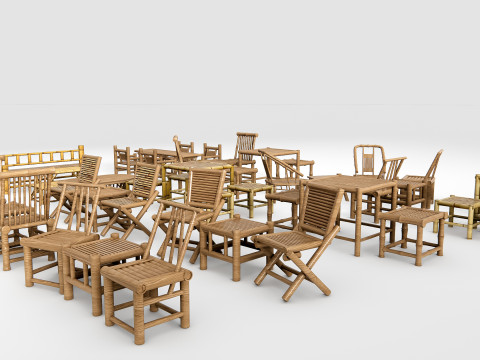 Bamboo table and chair 1 3D Model