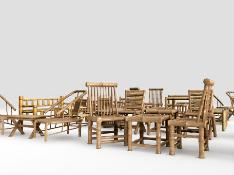 Bamboo table and chair 1 3D Model