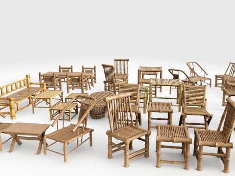 Bamboo table and chair 1 3D Model