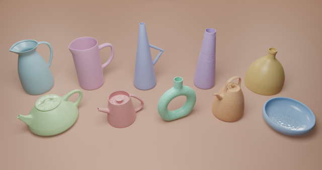 Set 10 clay jug in pastel color 3D Model .c4d .max .obj .3ds .fbx .stl .blend 