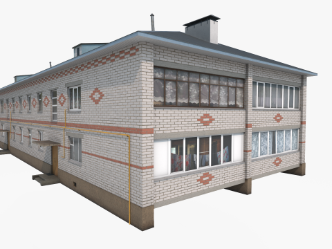 Rumah hunian dua lantai dengan bata putih dan merah Model 3D