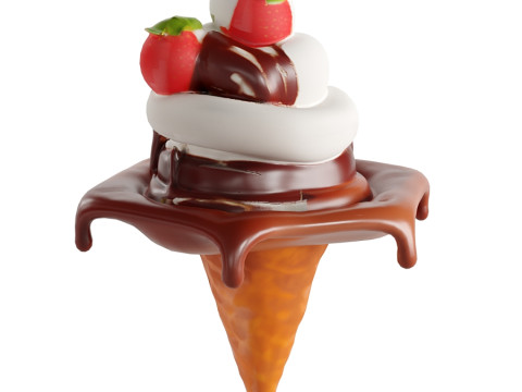 Ice cream cone with strawberries and chocolate 3Dモデル