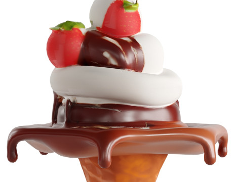 Ice cream cone with strawberries and chocolate Model 3D