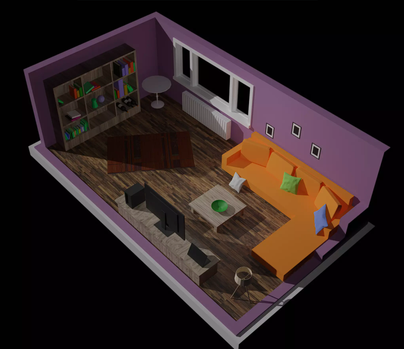 Low-poly interior living room with orange couch 3D Модель .c4d .max .obj .3ds .fbx .stl .blend 
