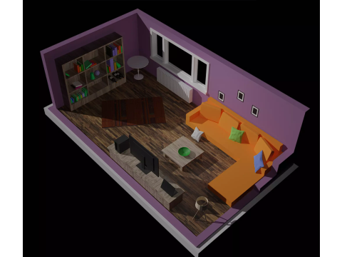 Low-poly interior living room with orange couch 3D मॉडल
