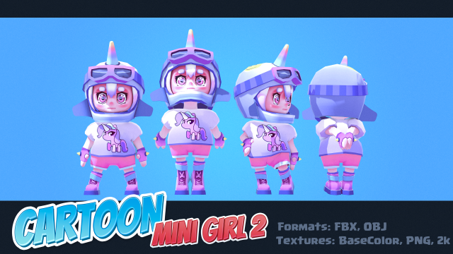 Cartoon Mini Girl 2 Model 3D .c4d .max .obj .3ds .fbx .stl .blend 